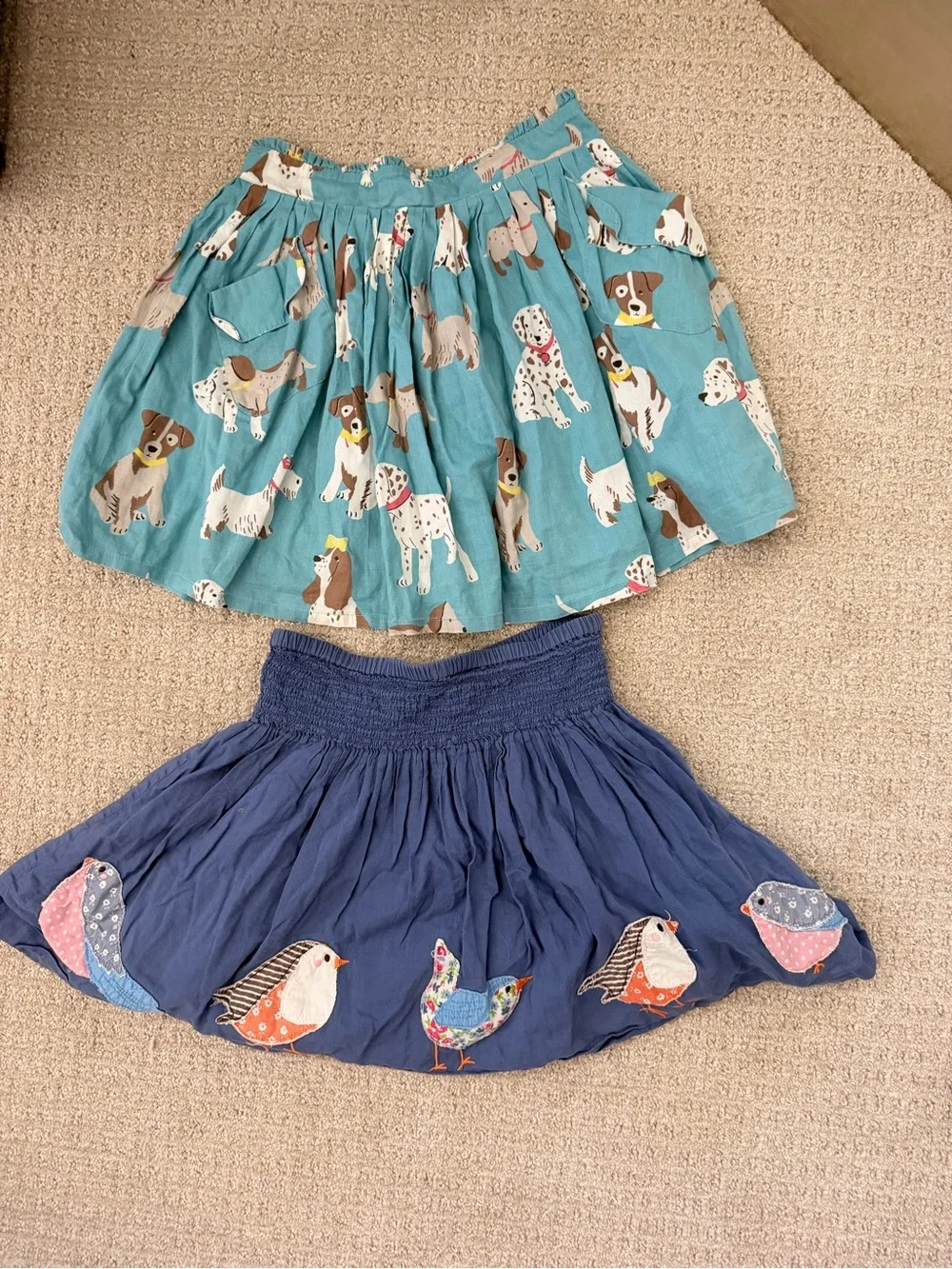 Mini Boden Teal Dog Print & Navy Bird Embroidered Girls Skirts